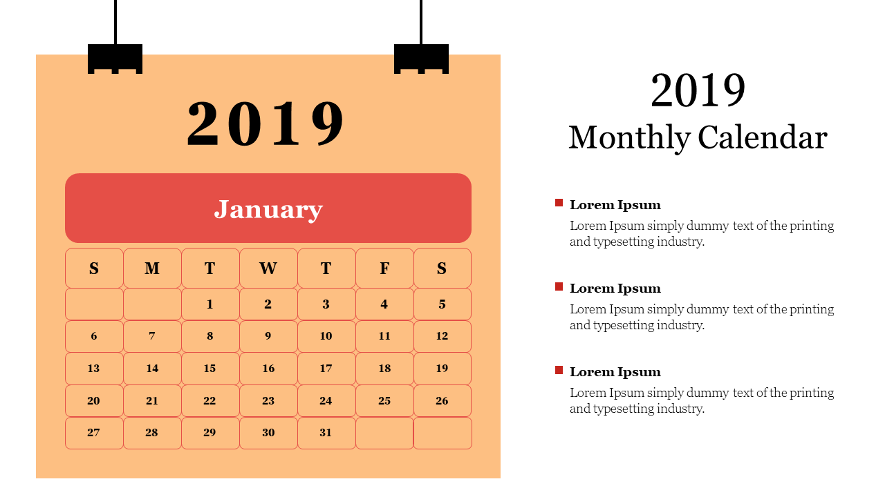 2019 Monthly Calendar